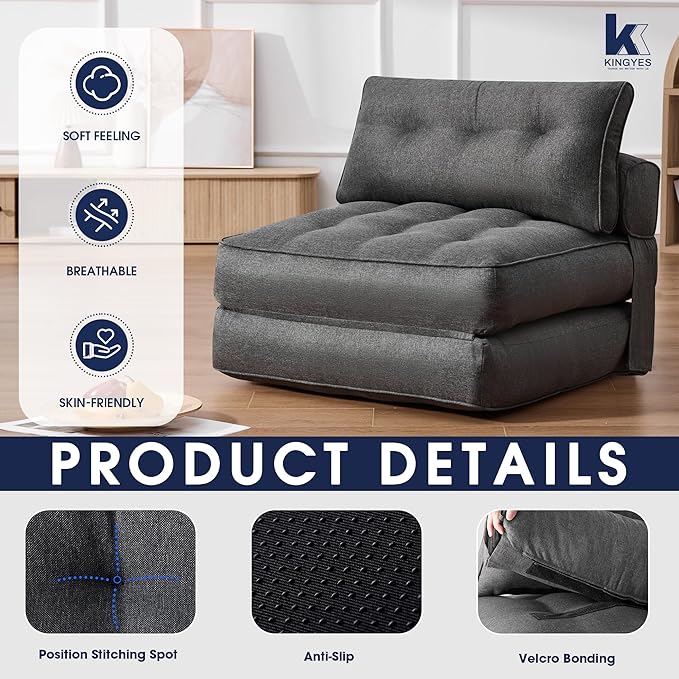 KINGYES Folding Chair Bed, 3 in 1 Convertible Sleeper Chair with Pillow, Foldable Futon Chair for Living Room, Gray
