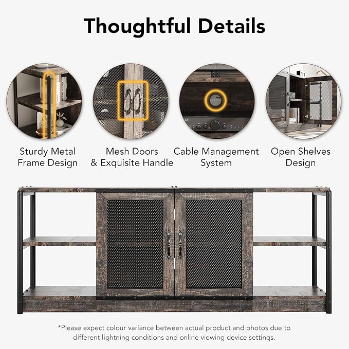 GAOMON Farmhouse TV Stand for 65/75 in TVs, Industrial TV Cabinet with 2 Mesh Doors and 4 Shelves, Vintage TV Console for Living Room, Bedroom, Rustic Oak