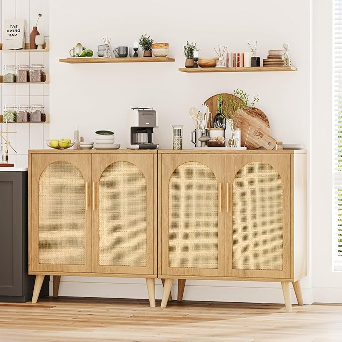 Rovaurx Set of 2 Rattan Storage Cabinet with Doors, Accent Bathroom Floor Cabinet, Modern Sideboard Buffet for Living Room, Entryway, Dining Room and Kitchen, Natural BMGZ108M02 | Set of 2, with Doors