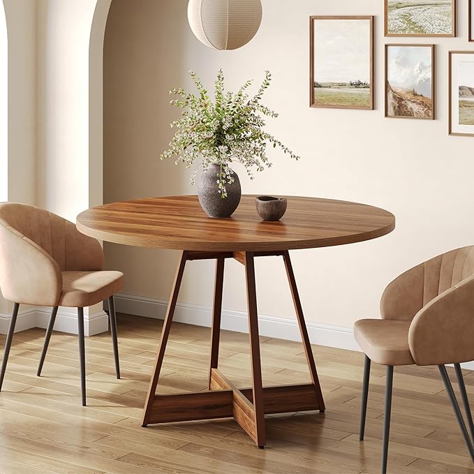 LITTLE TREE 39 Inches Round Dining Table for 2-4, Farmhouse Circle Kitchen Table for Dining Room, Wooden Dinner Table with Heavy Duty Pedestal, Small Bistro Table for Restaurant, Brown