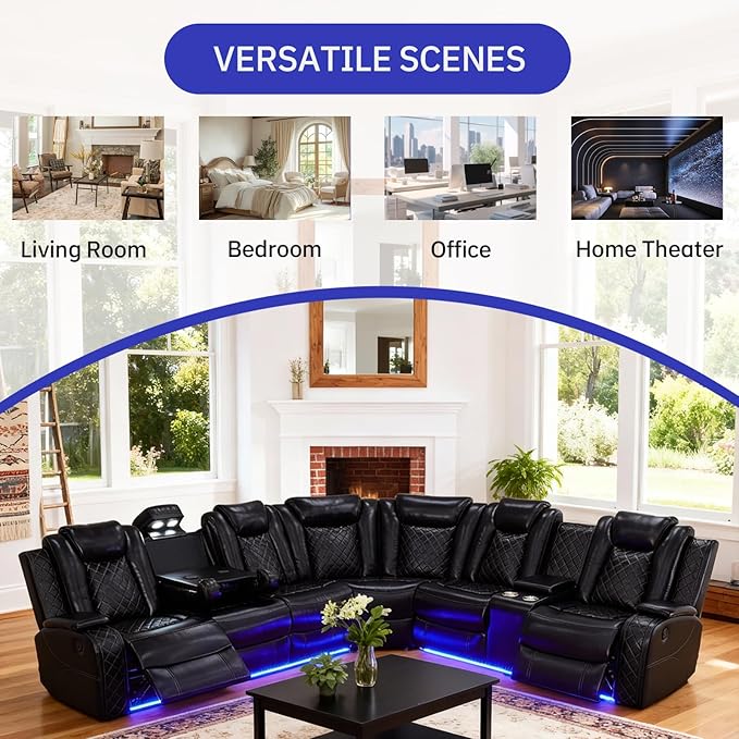 Power Reclining Leather Sectional Couch with Home Theater Seating, Air Leather Recliner Sofa with LED Lighting, Cup Holders and Storage, Modern Reclining Couch for Living Room/Bedroom, Black