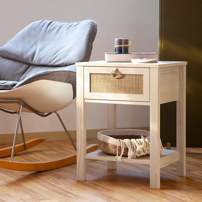 SICOTAS White Nightstand Set of 2,Rattan Decor Drawer with Brass Knobs Night Stand Bedside Table Boho End Tables Side Tables with Storage Shelf for Bedroom,Small Space