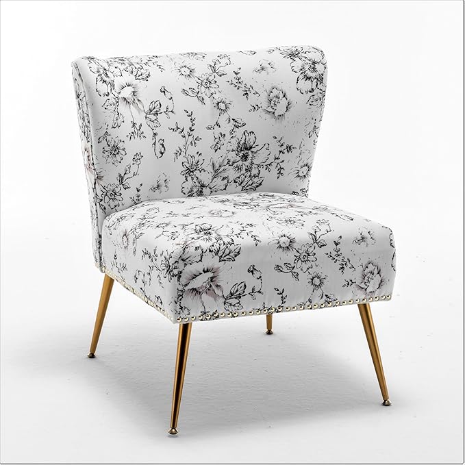 Thia Armless Accent Chair for Living Room, Elegant Seat with Nailhead Trim, Gold Metal Legs and Comfortable Curved Back, 28" D x 25" W x 29.5" H, 04 Floral Print