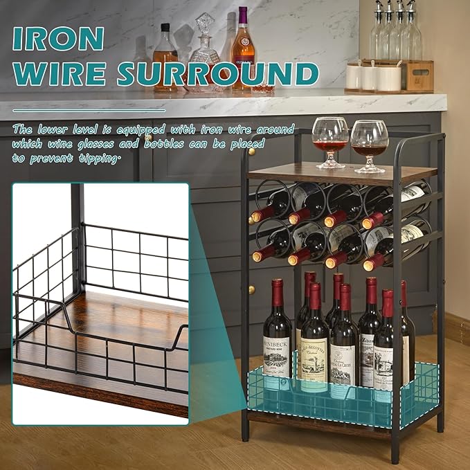 3-Tier Wine Bar Table: Small Liquor Bottle Holder with 8-Bottle Wine Rack Mini Wine Bar Cabinet Corner Whiskey Display Shelf Floor Liquor Storage Bar for Home Living Room