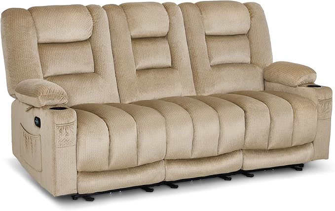 MCombo Zero Gravity Power Reclining Sofa with Heat and Vibration Massage, 3 Seater Reclining Couch with USB Ports, Cup Holders for Living Room, Fabric PR648SET (Beige)
