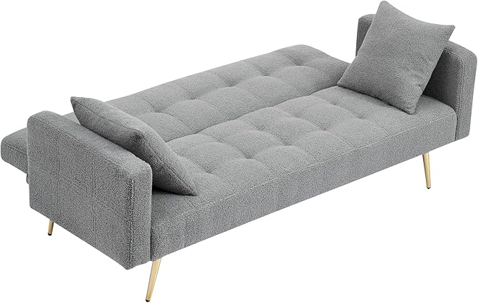 Eafurn Tufted Futon Sofa Bed, Teddy Futon Loveseat Couch Adjustable Recliner Sleeper Sofa Bed with Golden Metal Legs and 2 Pillows for Living Room, Apartment, Office,Small Love Seat | Golden Legs, Wood Frame