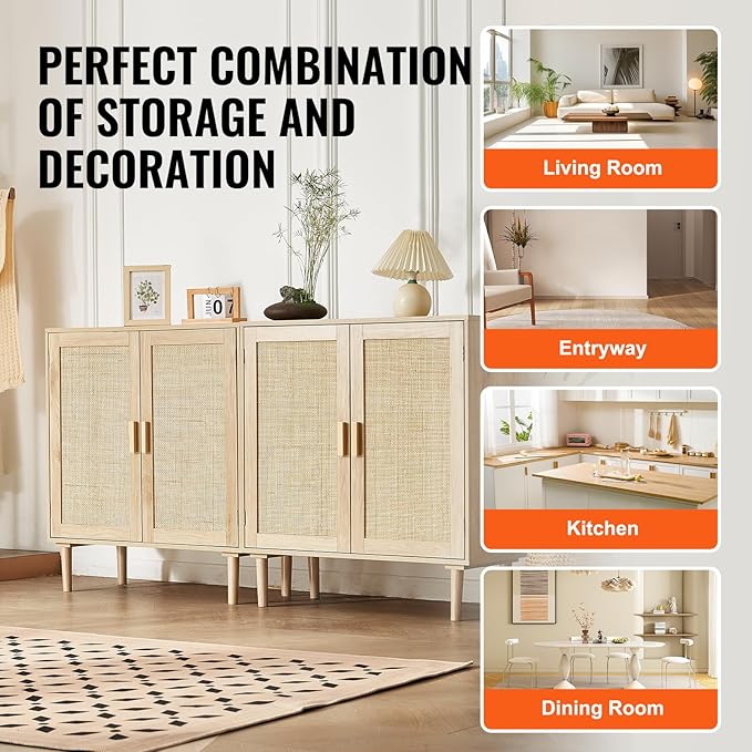 VEVOR Rattan Buffet Cabinet with Storage, 4 Magnetic Doors and Adjustable Shelves, Sideboard for Hallway, Living Room, Kitchen, Natural