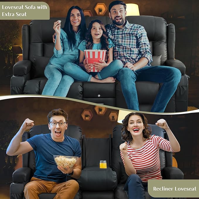 TUNYI Power Loveseat Recliner Sofa, Faux Leather Reclining Sofa with Console RV Reclining Loveseat Couch with USB/Outlet/Storage/Side Pocket/LED Light/Speaker (Black, Loveseat)