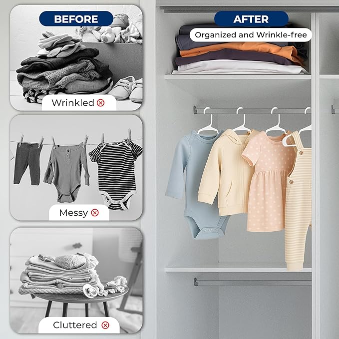 SereneLife 60 Pack Plastic Kids Hangers – Non-Slip Baby Hangers for Closet, Space-Saving Thin Design for Organizing Clothes, Infant, Toddler, and Newborn Clothing (White)