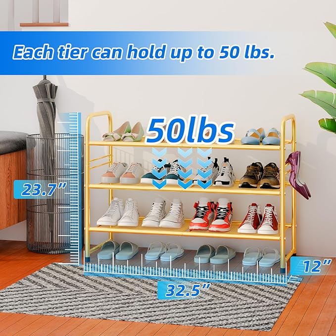 SUFAUY Shoe Rack for Closet, 33 inch Metal Shoe Shelf Heavy Duty, 3 Tier Mesh for Shoes, Gold