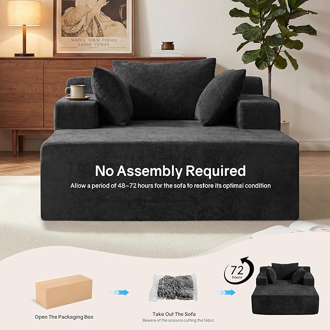 66" Chaise Lounge Chair Indoor, Oversized Boneless Lounge Chair with 3 Pillows, Chenille Cloud Reading Chair for Living Room Bedroom, Deep Seat Sleeper Couch, No Assembly Required | Breathable material