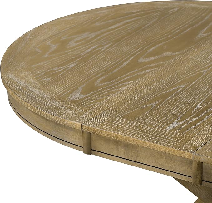 ERYE Retro Style Round Dining Table Functional Wooden Extendable Oval Dining Table with 12" Leaf and Natural Wood Grain Variation Tabletop