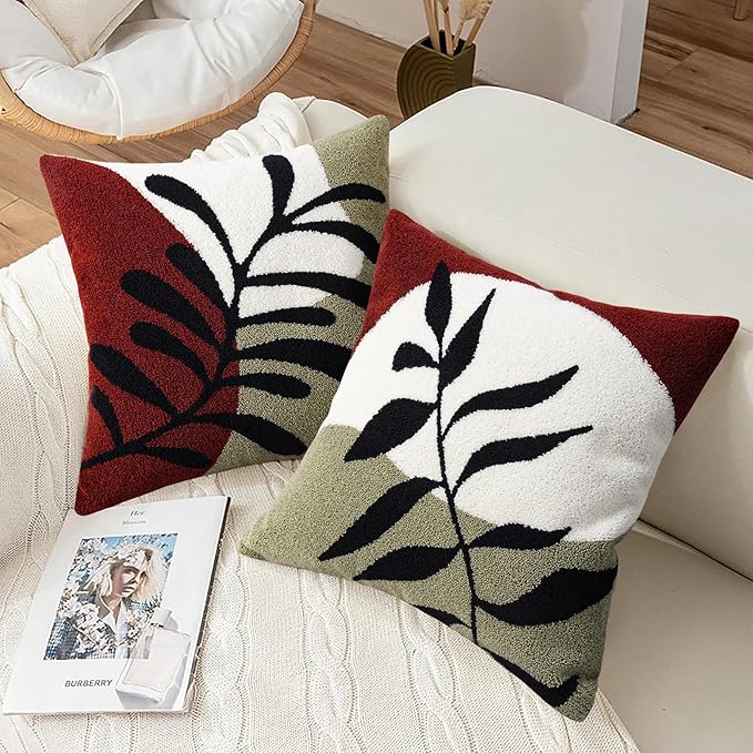 Merrycolor Boho Decorative Throw Pillow Covers 18x18 Tufted Green Decorative Pillows Covers Leaf Mid Century Modern Throw Pillows for Bed Couch Sofa Living Room 1PC （Green and Red ）