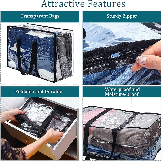 8 Pcs Clear Zippered Storage Bags Closet Organizer Vinyl Bag with Reinforced Handle Clothes Storage Organizer Transparent Moving Bags Totes for Bedding Linen. (60 L, 23.6x16.5x9.5 In, Clear, Black)