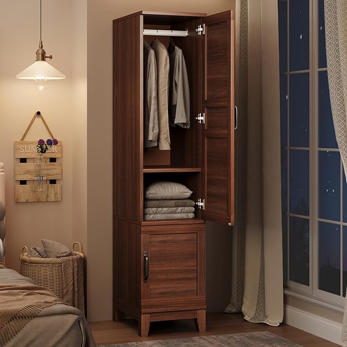 GarveeHome Armoire Wardrobe Closet with 2 Doors, Wooden Wardrobe Cabinet with Hanging Rod, 72 in Narrow Tall Clothing Armoire Cabinet with 18 Adjustable Shelves for Clothes, Bedroom, Walnut