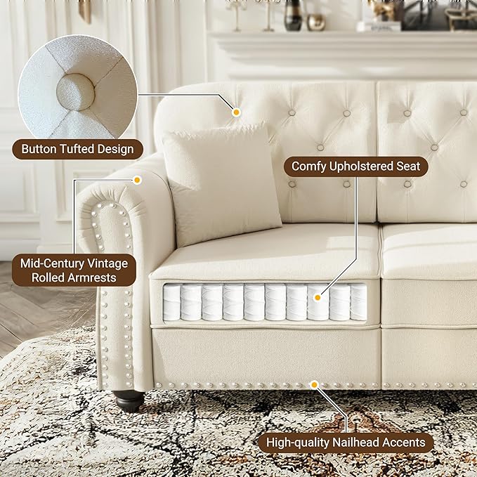 KEIKI 2-Piece Chesterfield Sofa Set with 1 Velvet 3-Seater Sofa & 1 Loveseat Sofa, Upholstered 5-Seater Couch Set with Nailhead Trim & Rolled Arms & 1 Ottoman & 5 Pillow, for Living Room, White