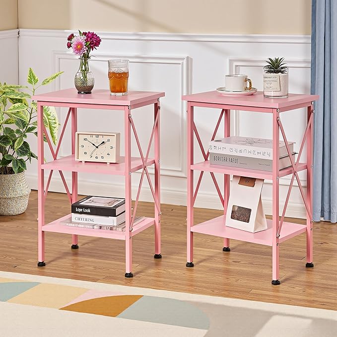 VECELO End Table, Nightstand, 24" Tall Living Room Side Tables, X-Design Reinforced Bedside Table, Nightstands with 3-Tier Storage Shelves for Small Spaces, Office, Bathroom, Bedroom, Pink