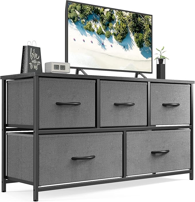 Sweetcrispy Dresser for Bedroom 5 Drawer Chest Tower, Small Storage Organizer Units Kidsroom, Living Room, Closet, Wooden Top Steel Frame & Fabric Bins, Lightweight TV Furniture, Clothing Cabinet