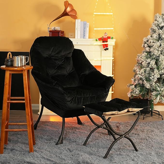 Kokel Lazy Chair with Folding Ottoman,Living Room Chairs, Accent Contemporary Lounge Chair, Single Steel Frame Leisure Sofa Chair with Armrests and A Side Pocket (Black)