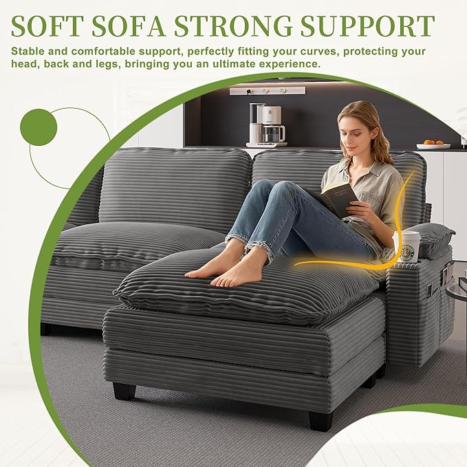 113" Convertible L Shaped Modular Sectional Sofa with Ottoman, Deep Seat Cloud Corner Couch with Layered Cushion, Corduroy Upholstered Sofa Couches w/Cupholders and Side Pockets | Wood Frame, Solid Legs