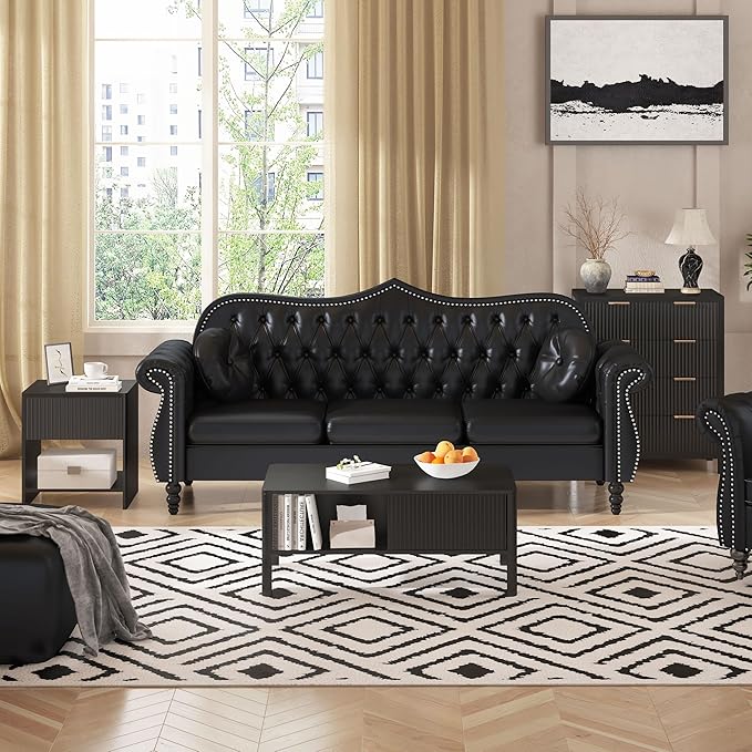 Fluted 1 Drawer Small Dresser for Bedroom, Mid Century Modern Nightstand with Drawer, Low Bedside Table with Drawer, End Table Short Storage, Living Room, Dorm -Black