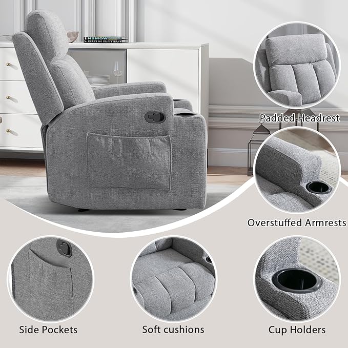 CANMOV Manual Massage Heat Recliner Chair Set of 2,Soft Fabric Recliner Chair with Overstuffed Arm and Back, Manual Reclining Single Sofa with 2 Cup Holders, Side Pocket for Living Room,Light Grey