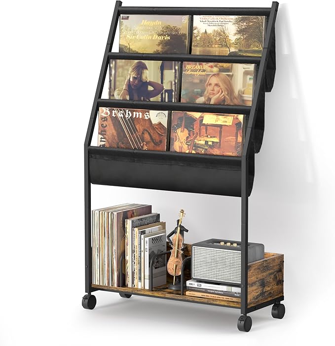 Keebofly Vinyl Record Storage, Record Holder Up to 200 Albums, Record Stand with 3 Tier Holder Display Shelf, Movable Vinyl Storage Organizer Rack, Record Cabinet for Book Magazine Turntable