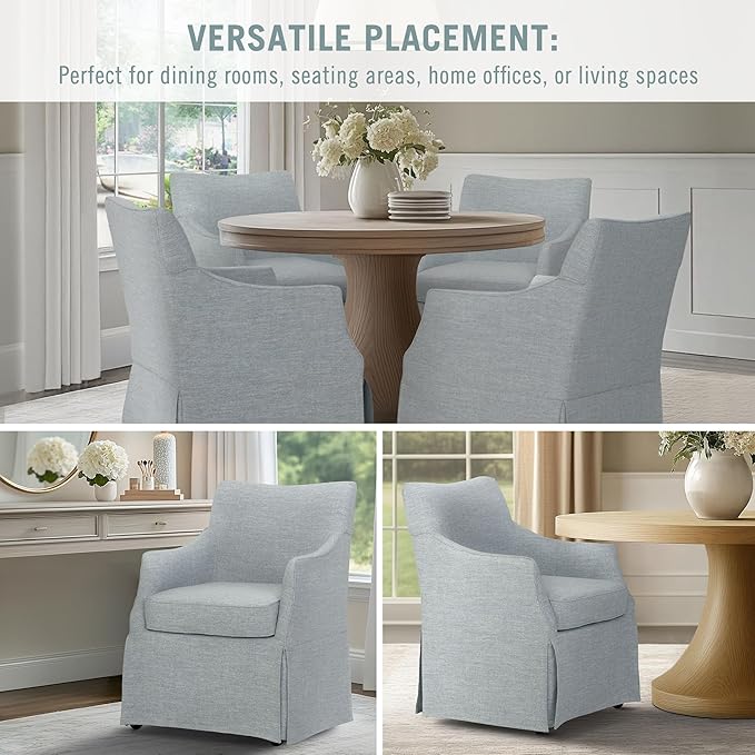 Martha Stewart London Upholstered Skirted Dining Arm Chair with Casters – Curved Back, Removable Seat Cushion, for Dining Room, Home Office, or Living Space, Light Blue