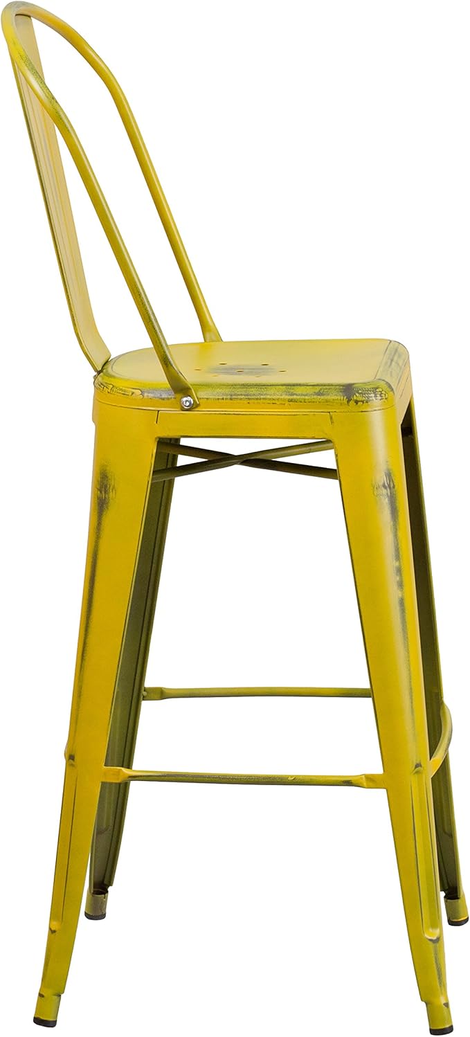 Flash Furniture Commercial Grade 30" High Distressed Yellow Metal Indoor-Outdoor Barstool with Back
