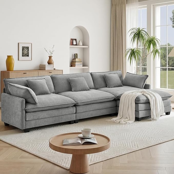 KISLOT 122" Oversized Modular Sectional Sofa,L-Shaped Cloud Couch with Movable Ottoman,Thick Cushions,4 Deep Seats with 5 Throw Pillows Sofa Couch Set for Living Room, Bedroom | Wood Frame