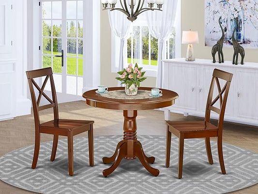 East West Furniture ANBO3-MAH-W 3 Piece Dining Set Contains a Round Kitchen Table with Pedestal and 2 Dining Chairs, 36x36 Inch, Mahogany