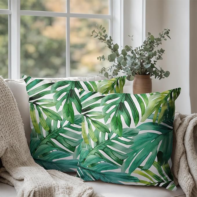 Green Tropical Leaves Outdoor Throw Pillow Covers Summer Palm Leaf Pillow Covers 18x18 Set of 2 Monstera Plant Pillow Cases Modern Farmhouse Cotton Linen Cushion Cover for Couch Sofa