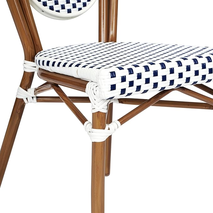 Flash Furniture Lourdes Indoor/Outdoor Commercial Thonet Bistro Stack Chair - White/Navy PE Rattan Back and Seat - Natural Bamboo Print Metal Frame - Set of 2