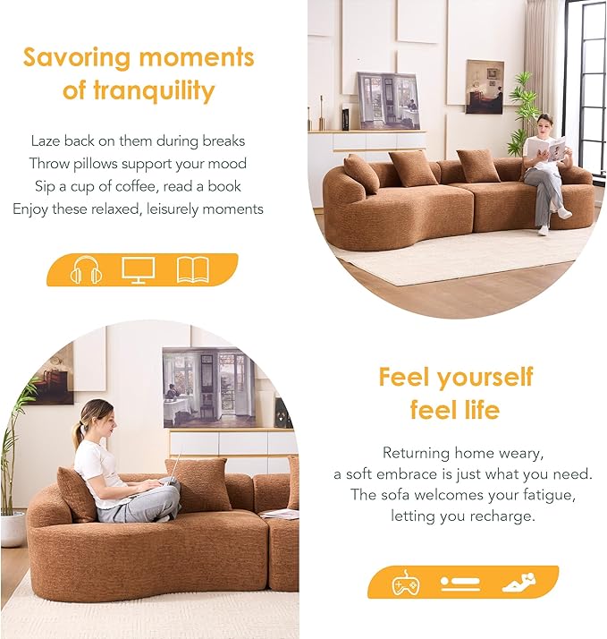 110" Oversized Cloud Sectional Sofa Modern Curved Boneless Couches for Living Room, 4-Seater Extra Deep Seat Foam Floor Compressed Couch w/Tight Backrest and 4 Pillows,Chenille Sofa & Couches | Breathable material, Non-slip, No Assembly Required