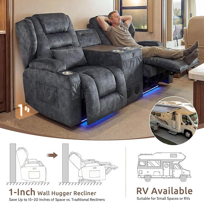SAMERY Loveseat Recliner Sofa, Power Reclining Loveseat Sofa, Wall Hugger Recliners RV Couch with Console, Lift-Top Table, Rhythm & Ambient LED Lights, USB-C, Outlets, Velvet, Gray | Extra Wide Seat, Plush Padding, Dual Power Recline, Lift-Up Table, Am...