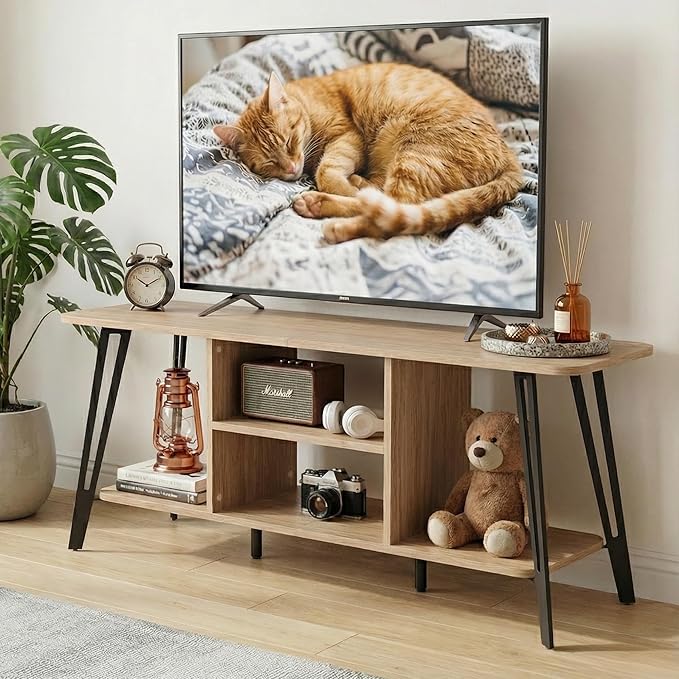 Manora TV Stand for TVs up to 55 Inch, Simple Modern Entertainment Center with 3 Tier Open Storage Shelves, TV Console Table for for Living Room, Bedroom, Oak