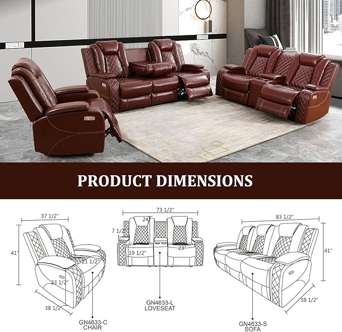 Power Recliner Sofa Set, Air Leather Reclining Couch with LED/Cup Holders/Storage, 2 Pieces Reclining Living Room Furniture, Burgundy Leather Sofa and Loveseat for House/Apartment/Office