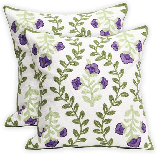 Set of 2 Embroidered Decorative Throw Pillow Covers Couch Square Pillowcases Cushion for Bedroom Sofa Farmhouse Decor 18x18 Inch (Purple Floral)