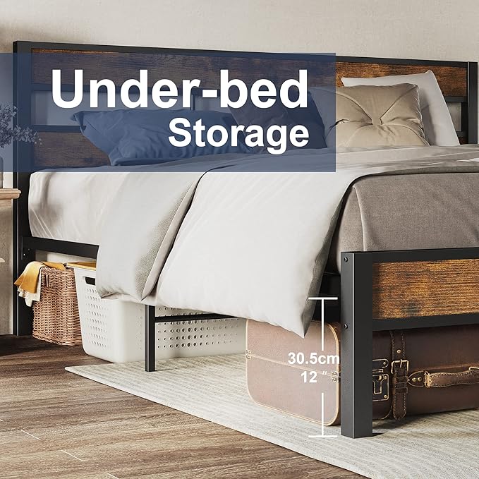LIKIMIO King Bed Frame and Headboard, Easy Assembly, Noise-Free, No Box Spring Needed, Heavy Strong Metal Support Frames, Vintage Brown
