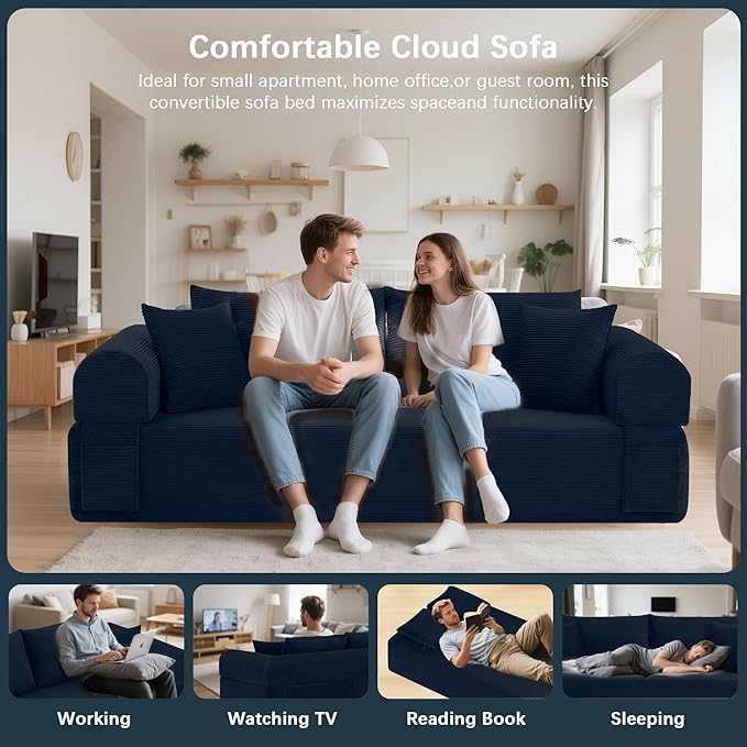 83" Modern Sofa in a Box, No Assembly Oversized 3 Seater 28" Deep Seat Cloud Sofa Bed Couch with 4 Furry Pillows & Corduroy Fabric, Boneless Couch with Side Storage Pockets for Living Room, Navy Blue