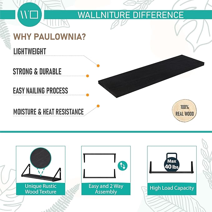 Wallniture Ponza 17'' x 4.5'' Floating Wall Shelf Bathroom, Small Wood Book Shelves for Wall Storage, Wall Mounted Shelf, Dining Room, Bedroom, Living Room, Office & Kitchen Organization, Black, 5pcs