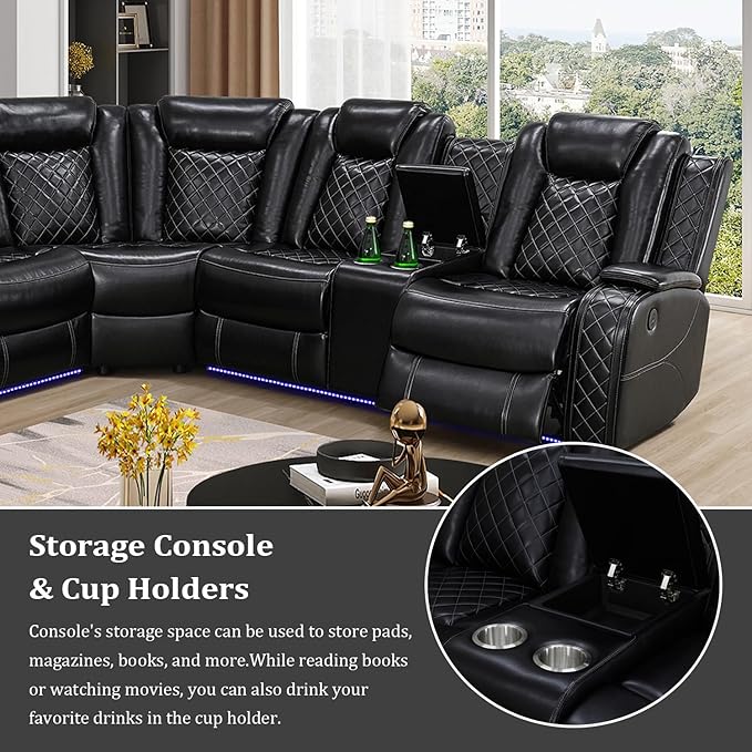 Power Reclinier Sectional Sofa Set,Black Leather Reclining Sectional Modular Couch Set,L Shaped Leather Couch with LED Light for Living Room/House/Apartment/Lounge/Club(L+3 Seats Sofa)