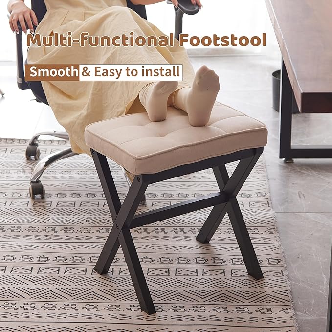 FILWH Foot Stool Small Ottoman Foot Rest Padded Foot Stool Desk for Under Office Desk Vanity Stool Bamboo Footstool Sofa Footrest Shoe Stool Small (Black Legs + Beige)