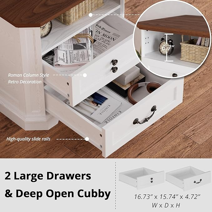 IRONCK Night Stand 23.4" Farmhouse End Table with Charging Station, Large Sofa Side Table with 2 Drawers, for Bedroom, White