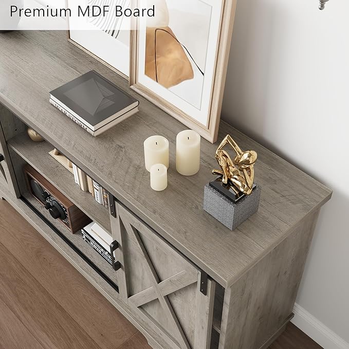 GarveeHome Farmhouse Tv Stand for 65 in TVs, Entertainment Center with Sliding Barn Doors and Adjustable Shelf, Modern Media TV Console TV Stand Table for Living Room, Bedroom, Grey