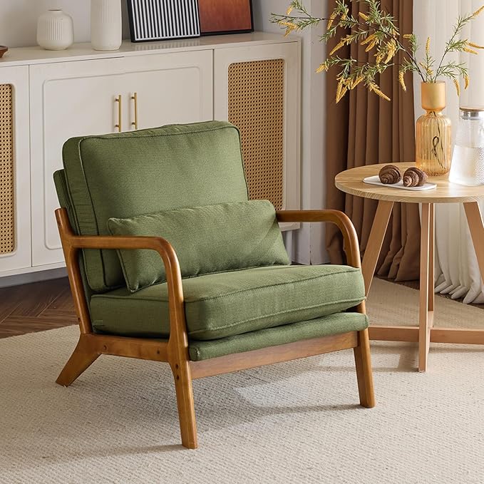 Bonnlo Dark Green Linen Accent Chairs Set of 2,Upholstered Mid Century Modern Lounge Fabric Chairs Reading Chairs Side Sitting Chair Solid Wood Farmhouse Armchairs for Living Room, Bedroom, Guest Room