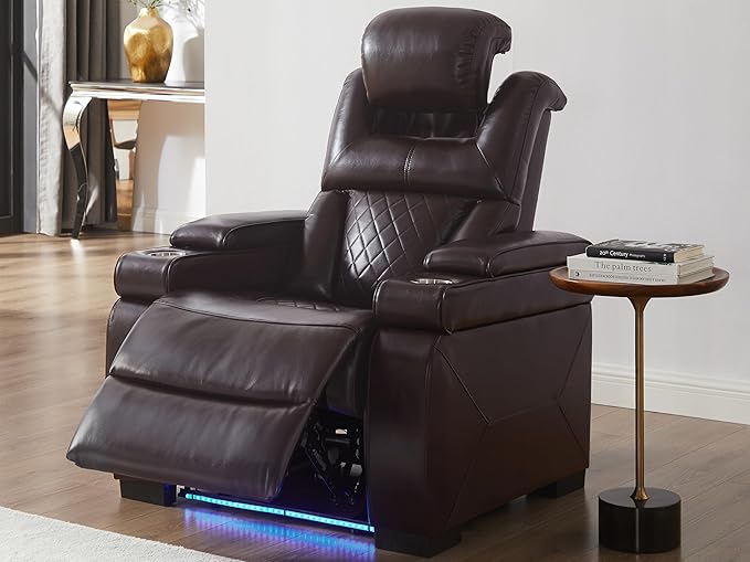 THSUPER Power Breathable Leather Reclining Chair with 7-Color LED Light, Living Room Recliner Chair with Adjustable Headrest/USB Port/Cup Holder/Storage Arm for Living Room, Brown