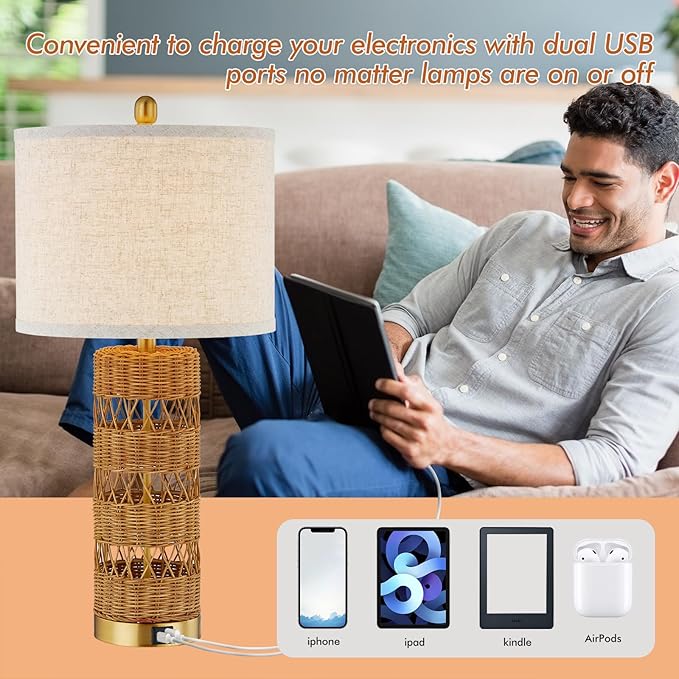 Natural Solid-Color Rattan Table Lamps Set of 2-28" Rustic Bedside Lamps for Nightstand,bedrooms, Living Rooms, or entryways & Rotary Switch,Bulbs in