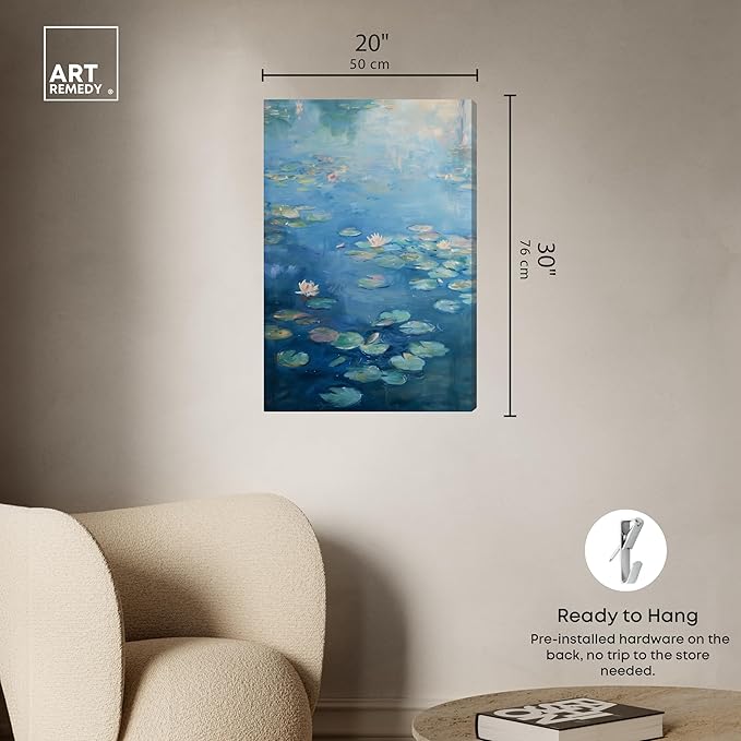 Art Remedy Lilypads In Blues Gallery Wrapped Impressionism 1 Piece Canvas Wall Art/Monet And Van Gogh Inspired Art, 20" x 30", Gallery Wrapped