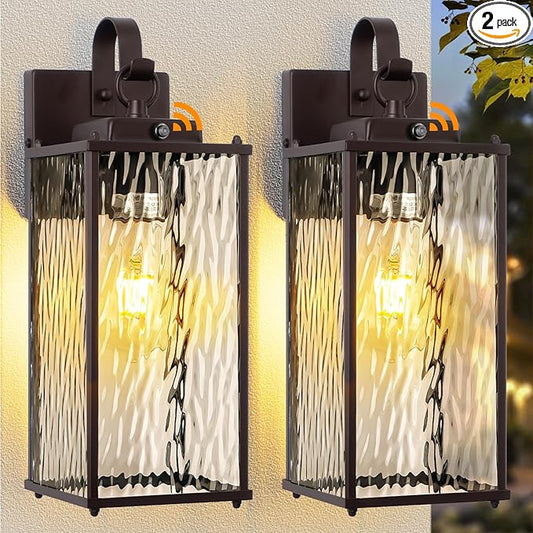Dusk to Dawn Outdoor Light Fixtures Oil Rubbed Bronze 2-Pack, Water Ripple Glass Vintage Brown Exterior Lantern Lights with Photocell Sensor IP65 Waterproof Coach Carriage Lights, E26